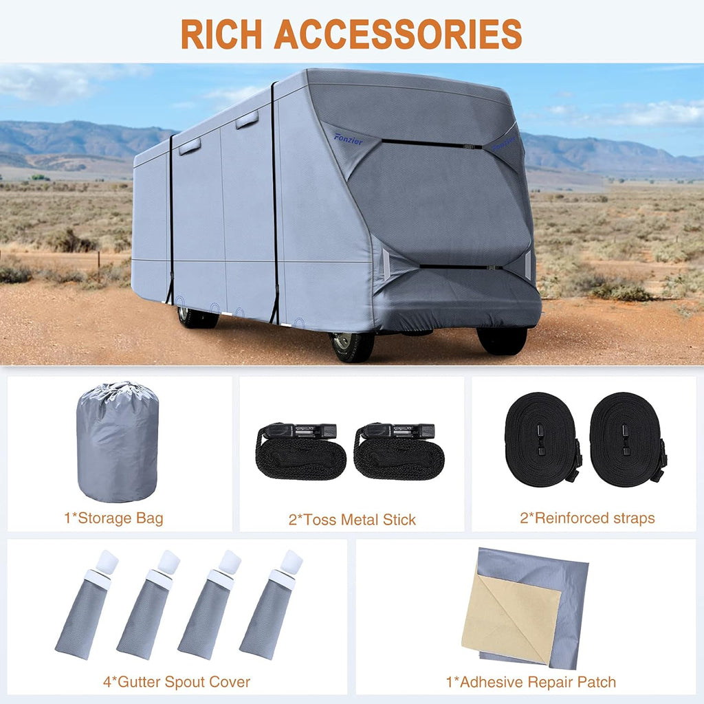 Rip-Stop 210D Class C RV Cover Windproof Waterproof Camper Cover with 2Pcs Extra Long Straps & Gutter Covers M932