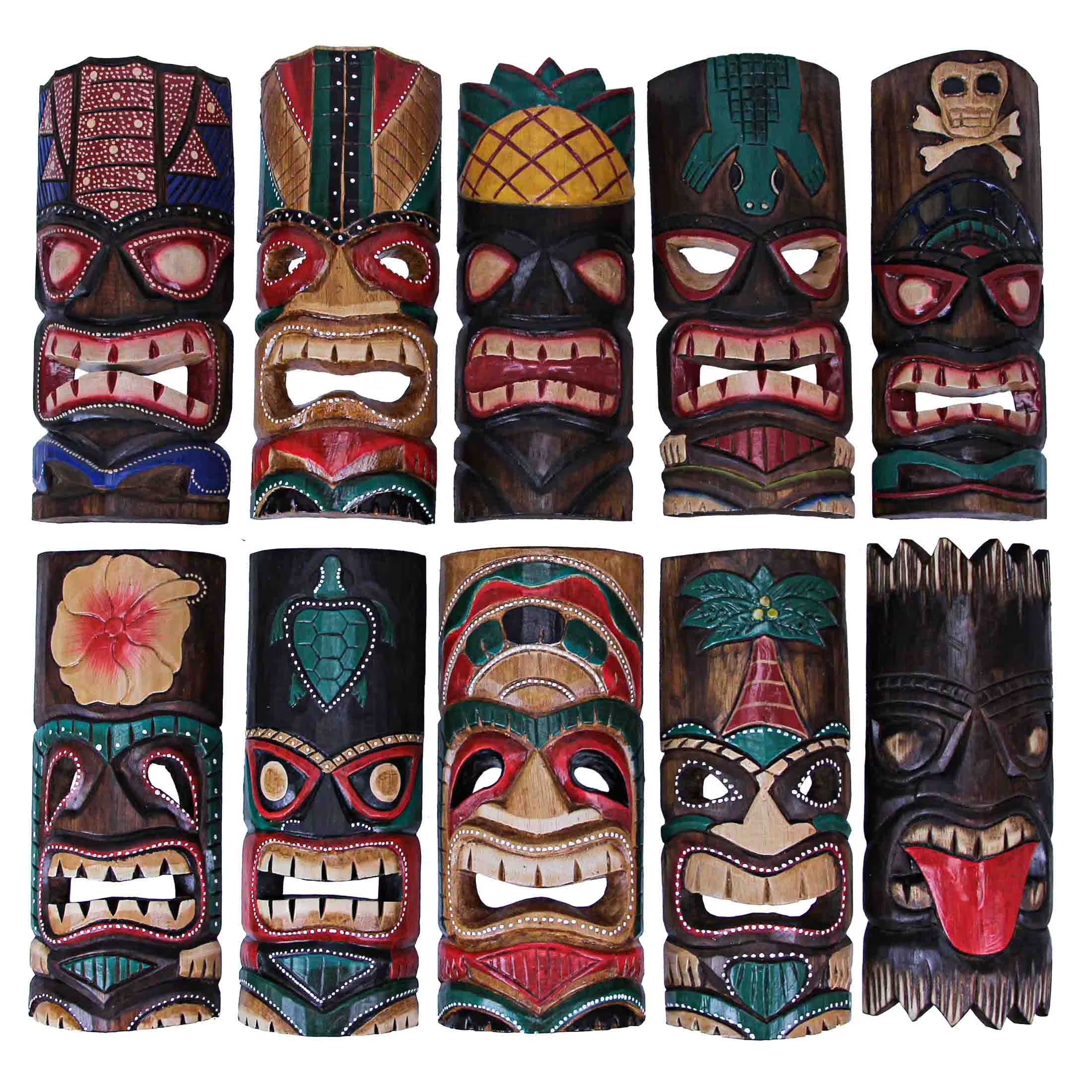 12 inch Wood Multicolor Tiki Mask Wall Hanging Art Set of 10 H64735