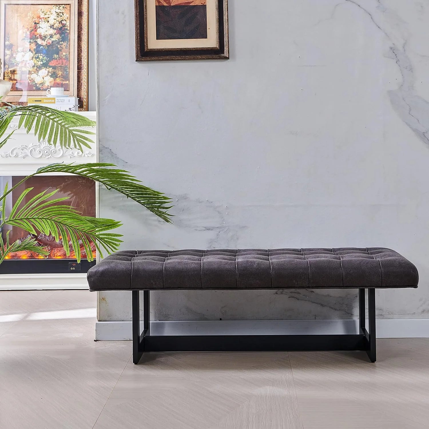 Foggy Gray Vegan Leather Ottoman Bench Z1886