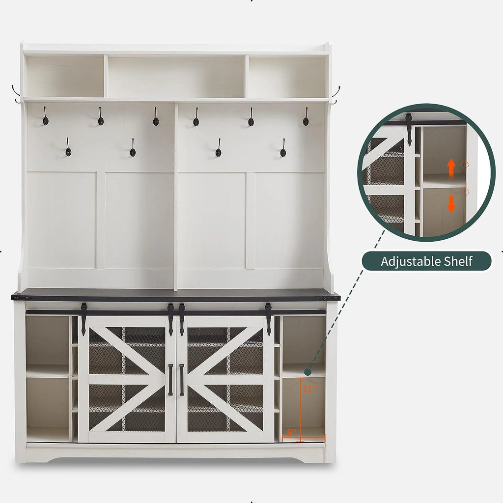 White Hall Tree with Shoe Storage Closet Double Door and Coat Rack A4751