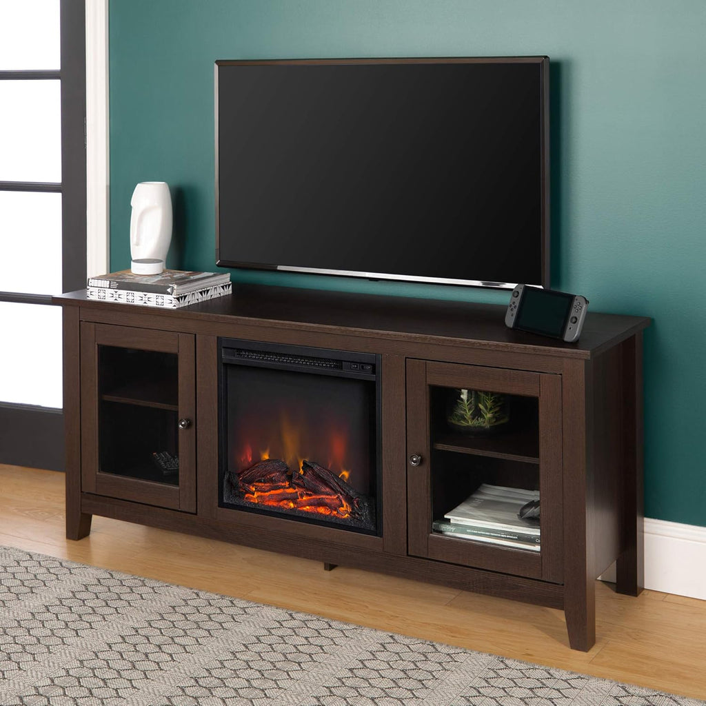 Black 58 Inch Wood and Glass Fireplace TV Stand O48534