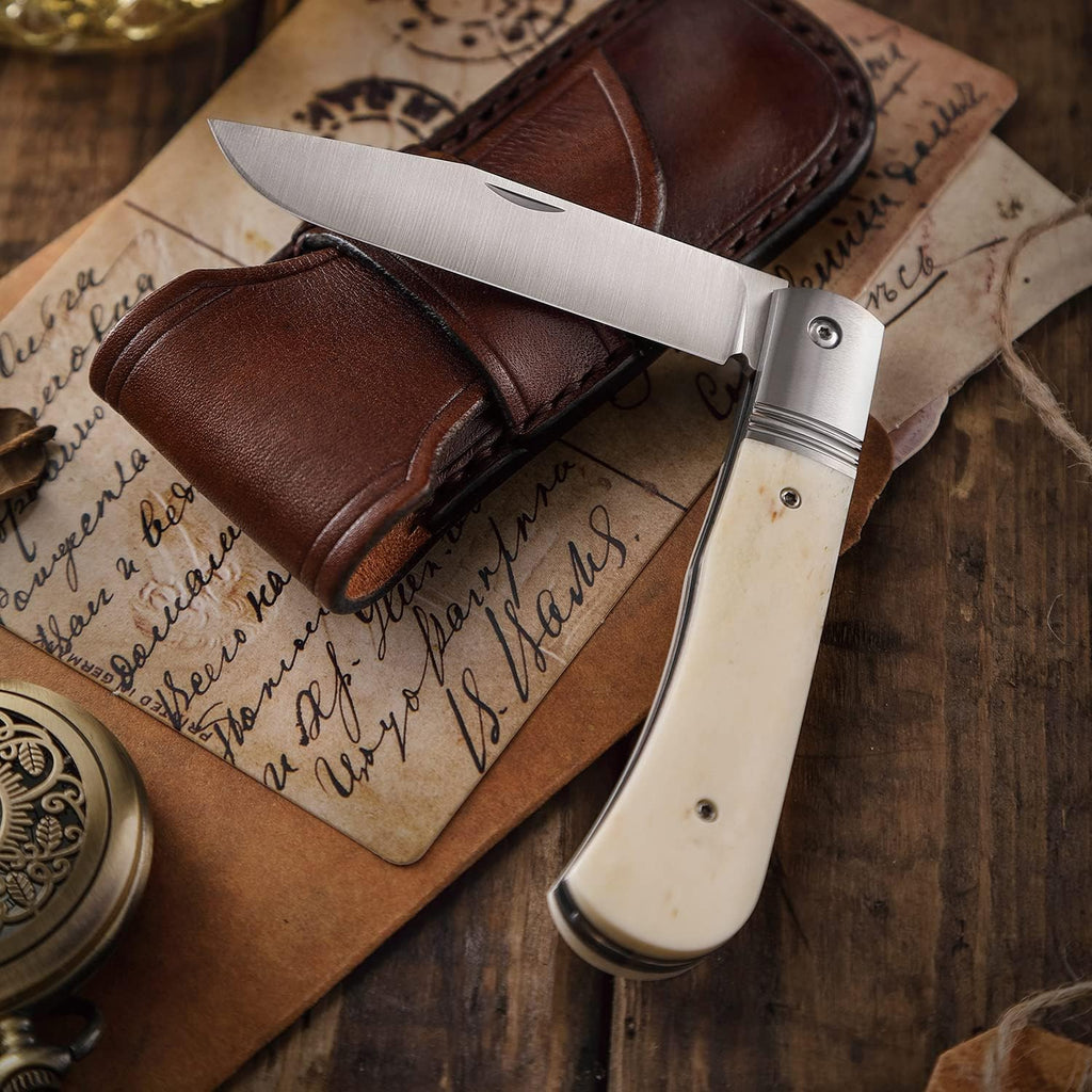 Folding Pocket Barlow Knife with Leather Sheath, 3in Bohler M390 Steel Blade, TC4 Ti Alloy & OX Bone Handle F677