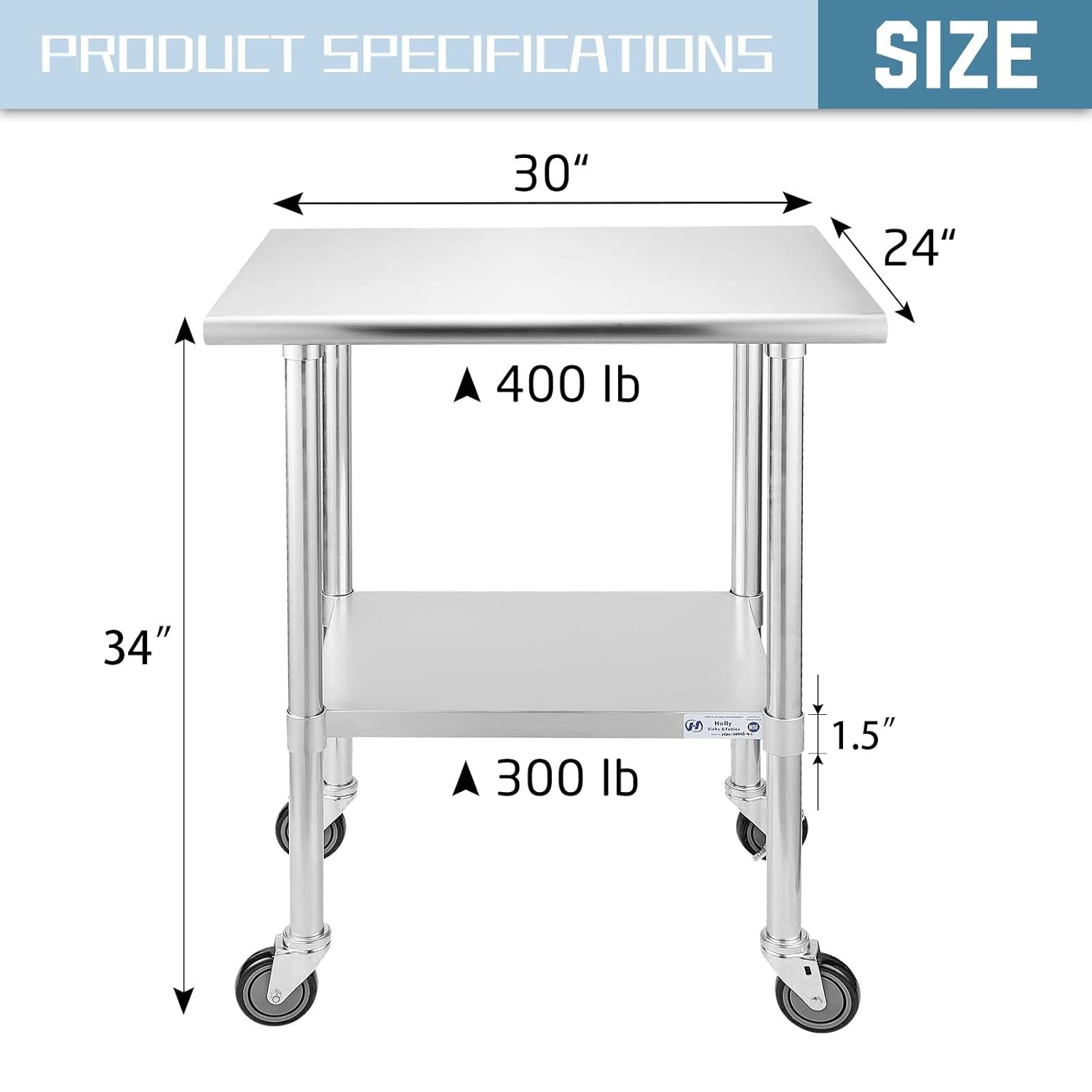 Stainless Steel Table 24 x 30 Inches with Caster Wheels and Undershelf X949270