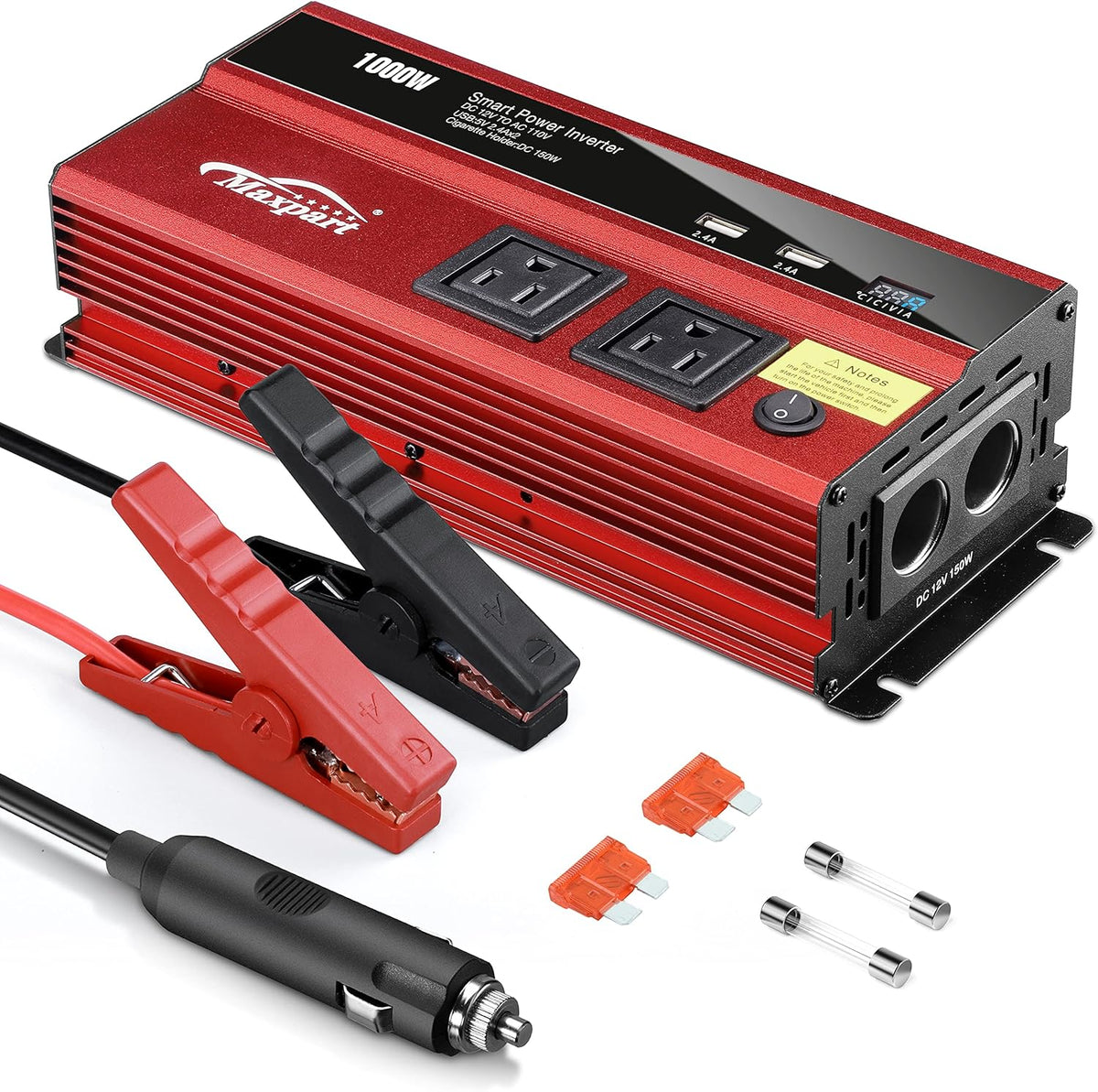 1000W Power Inverter 12v to 110v AC Dual AC Outlets 2.4A USB Pack of 2 F3546