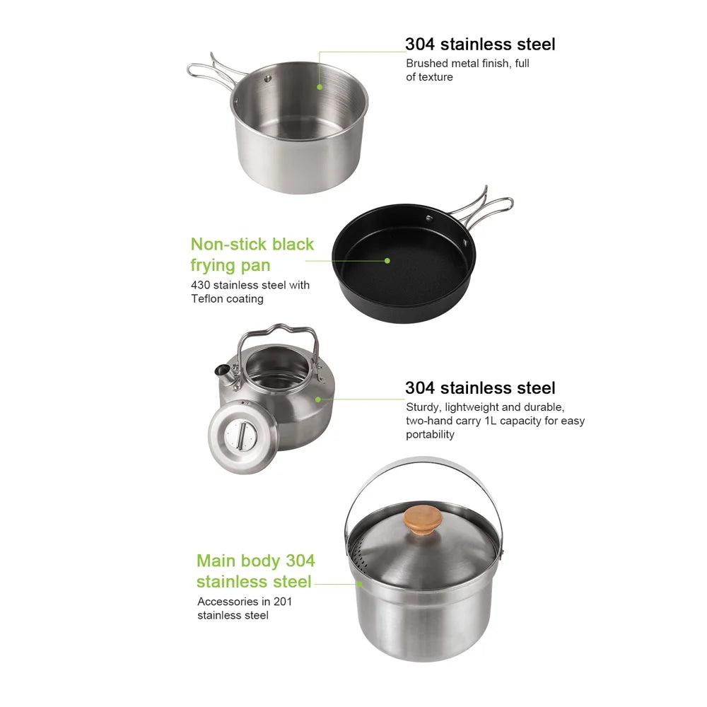 Stainless Steel Camping Cookware Set with Pot Frying Pan Kettle U179270