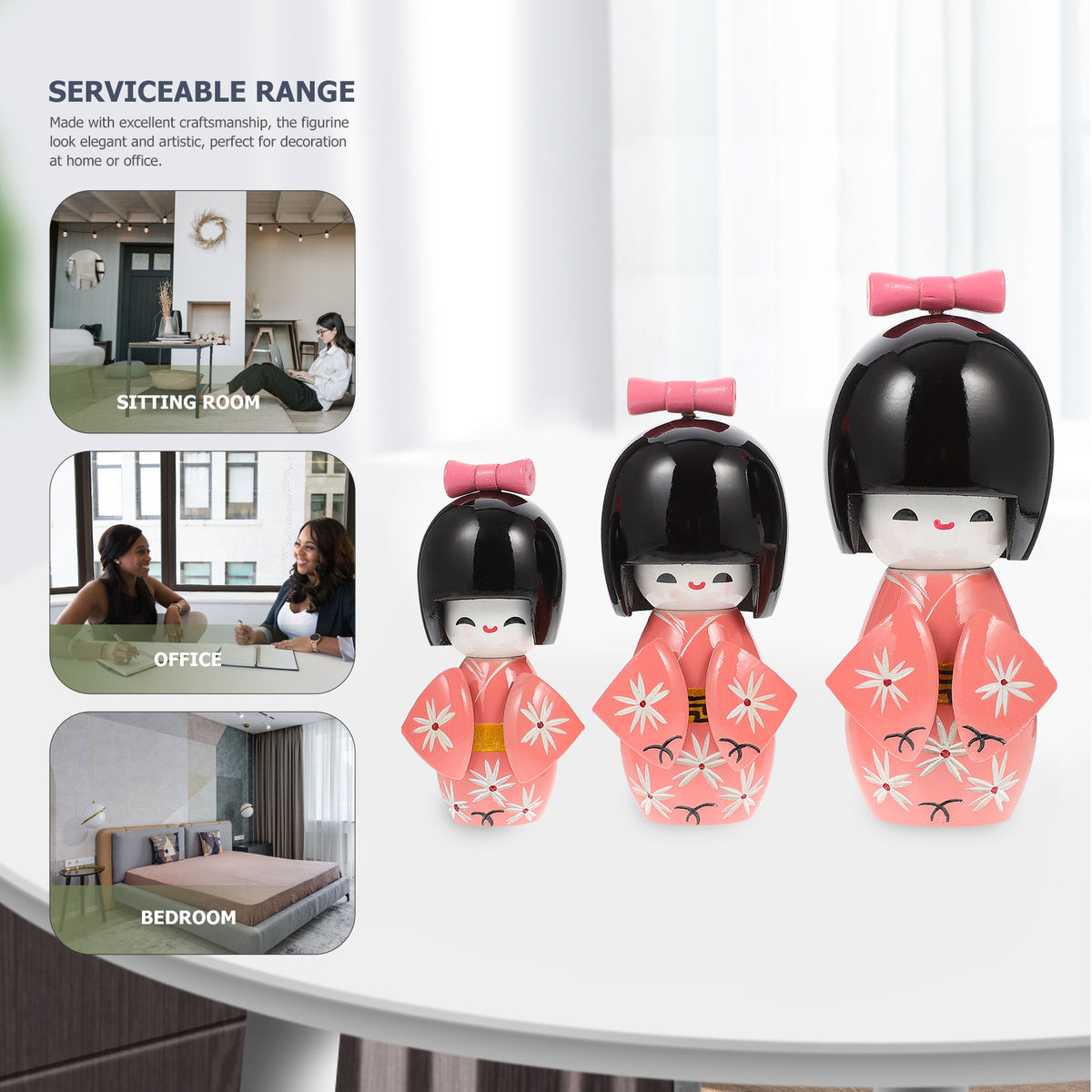 3 Pcs Wooden Japanese Kimono Doll Figurine M680150