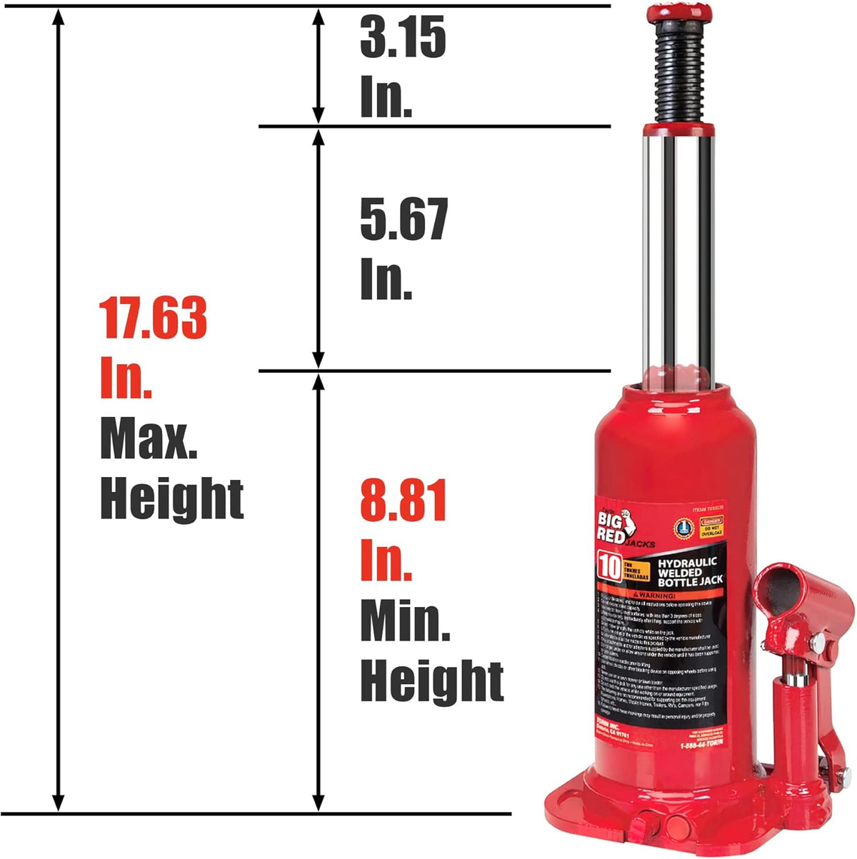 Hydraulic Welded Bottle Jack, 12 Ton Capacity, Red, Pack of 2 N40246
