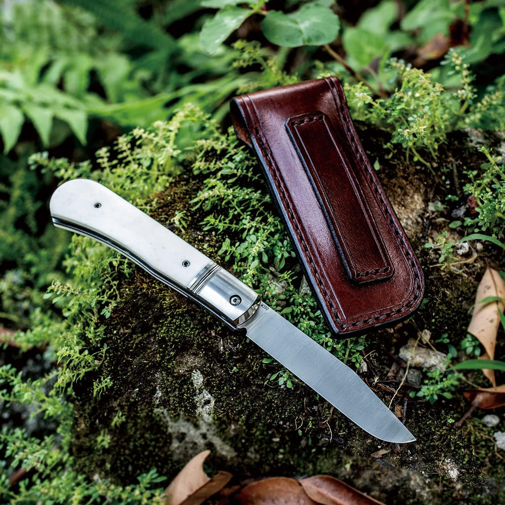 Folding Pocket Barlow Knife with Leather Sheath, 3in Bohler M390 Steel Blade, TC4 Ti Alloy & OX Bone Handle F677
