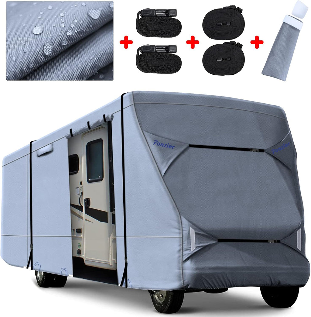 Rip-Stop 210D Class C RV Cover Windproof Waterproof Camper Cover with 2Pcs Extra Long Straps & Gutter Covers M932