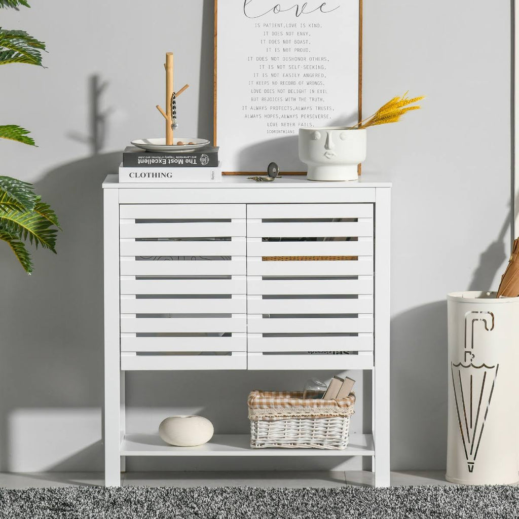 White Media Console Cabinet with Slat Double Doors and Adjustable Shelf F9057