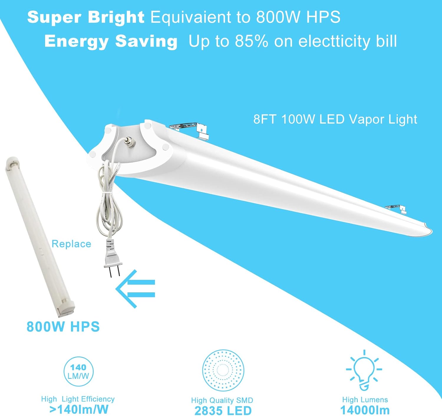 8ft Flush Mount 100w 3CCT Selectable LED Vapor Shop Ceiling Light with 5ft Plug and Play (4 Pack) M61264