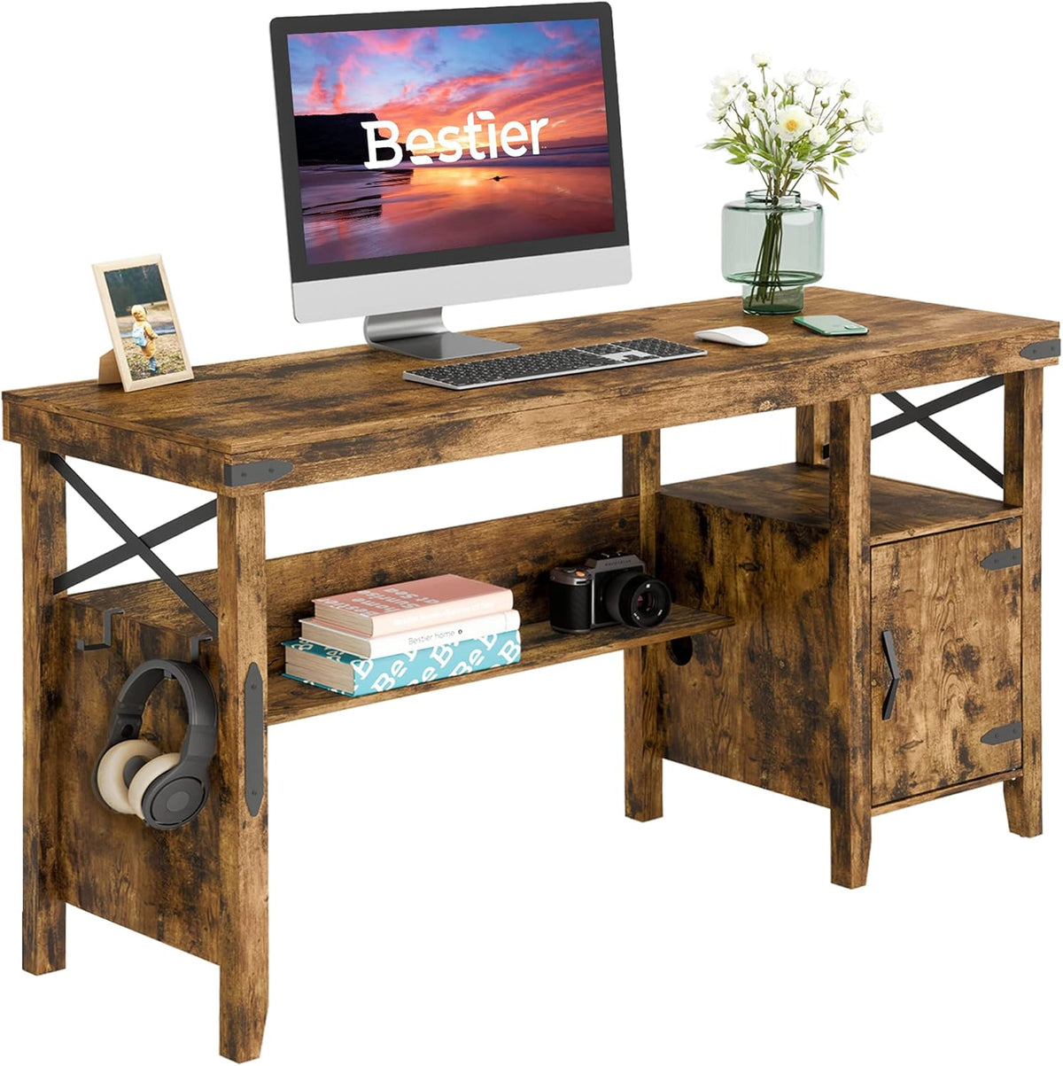 Gray L-Shaped Computer Desk with Storage Cabinet and Bookshelf G65388