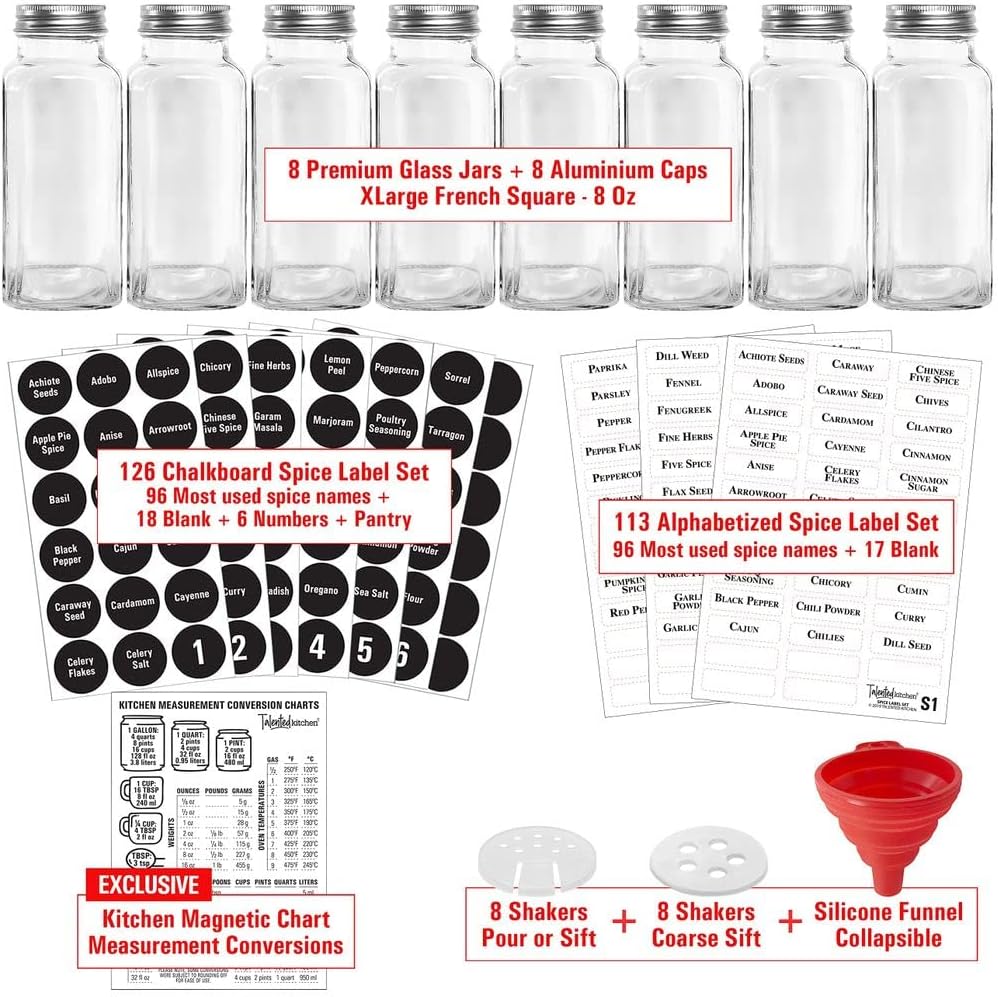 8 XLarge 8oz Glass Spice Jars with Airtight Cap and Shaker V596
