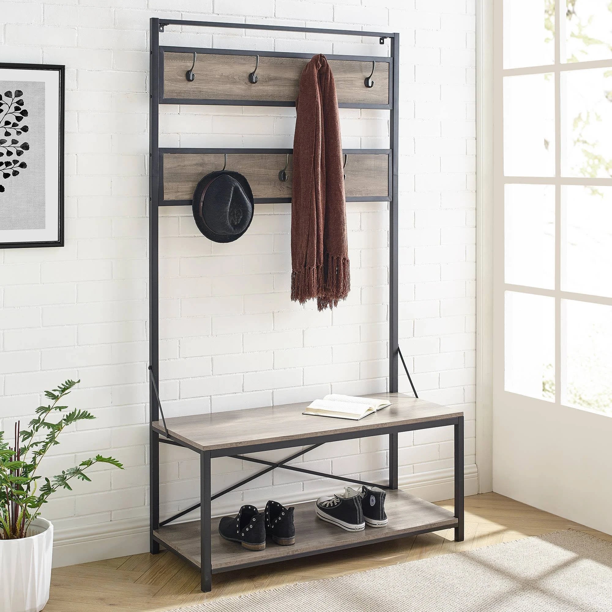 Industrial Metal and Wood Hall Tree Gray Wash E692