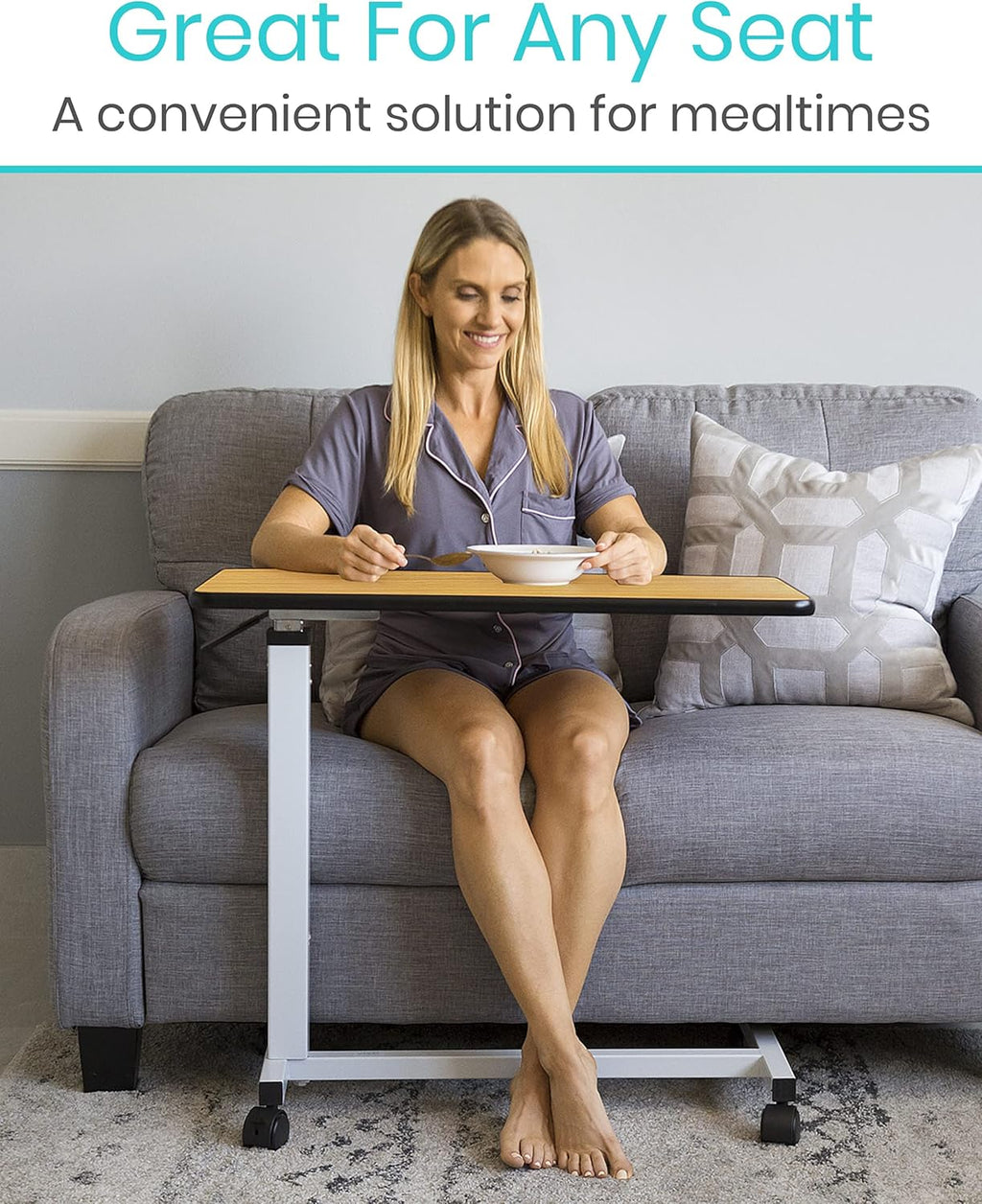 Overbed Table with Swivel Wheel Rolling Tray Adjustable Over Bedside Home Desk Q56979