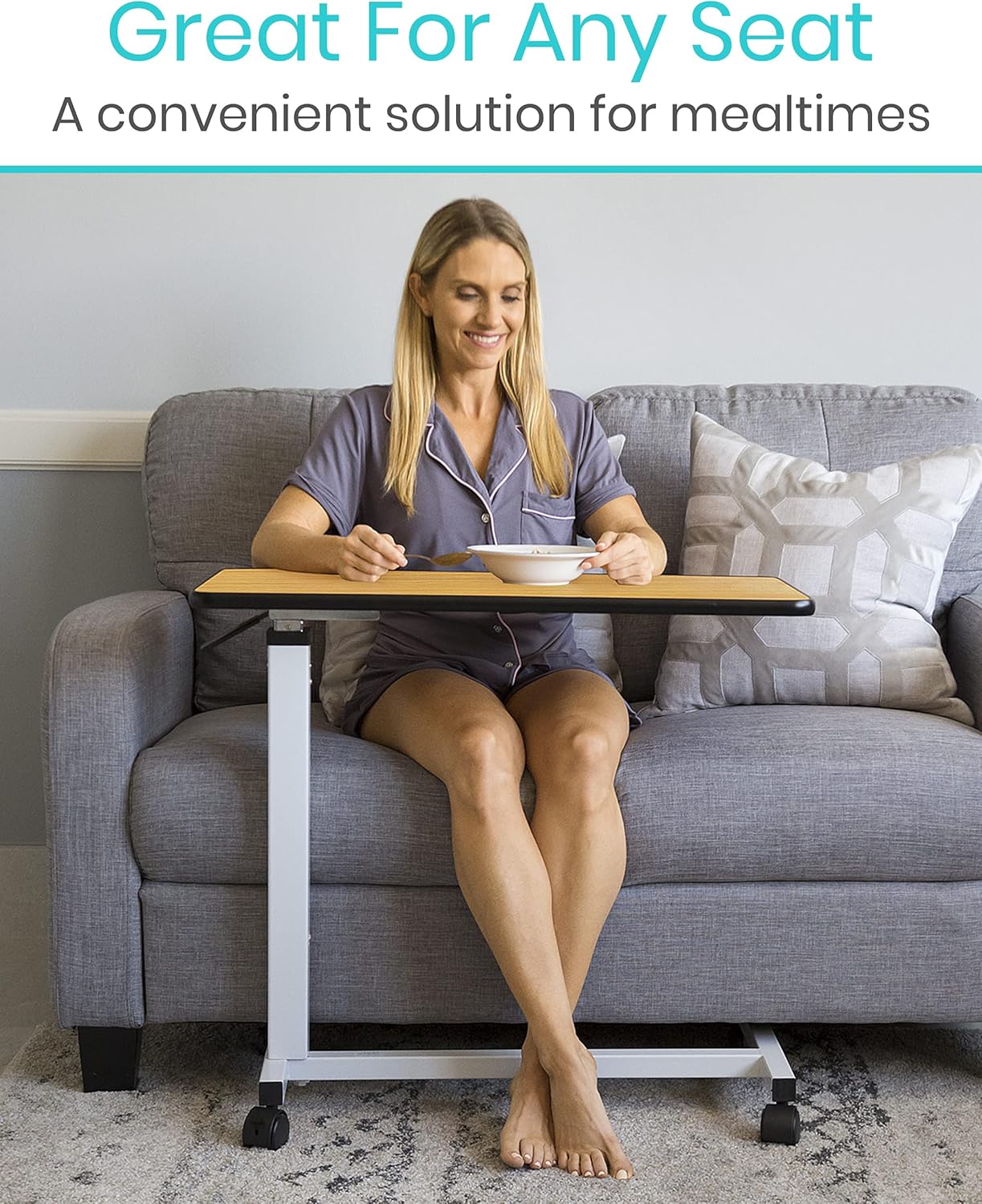 Overbed Table with Swivel Wheel Rolling Tray Adjustable Over Bedside Home Desk Q56979
