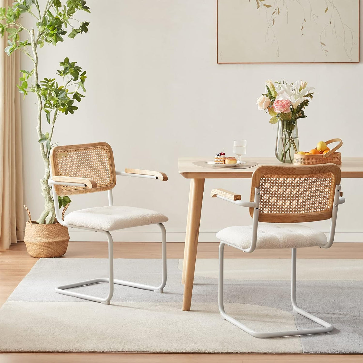 White Teddy Velvet Dining Chairs Set of 2 with Armrest G170