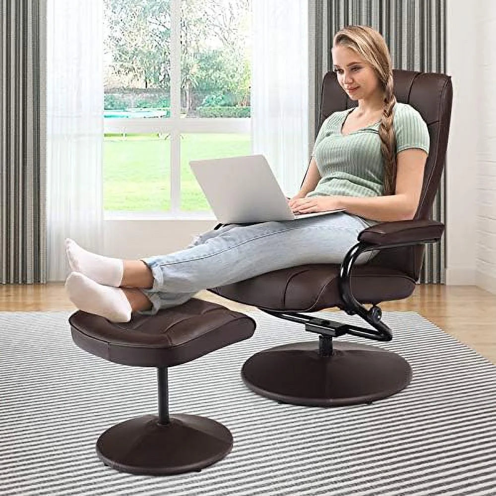 Brown PU Leather Swivel Recliner Chair with Footrest Ottoman Set H74736