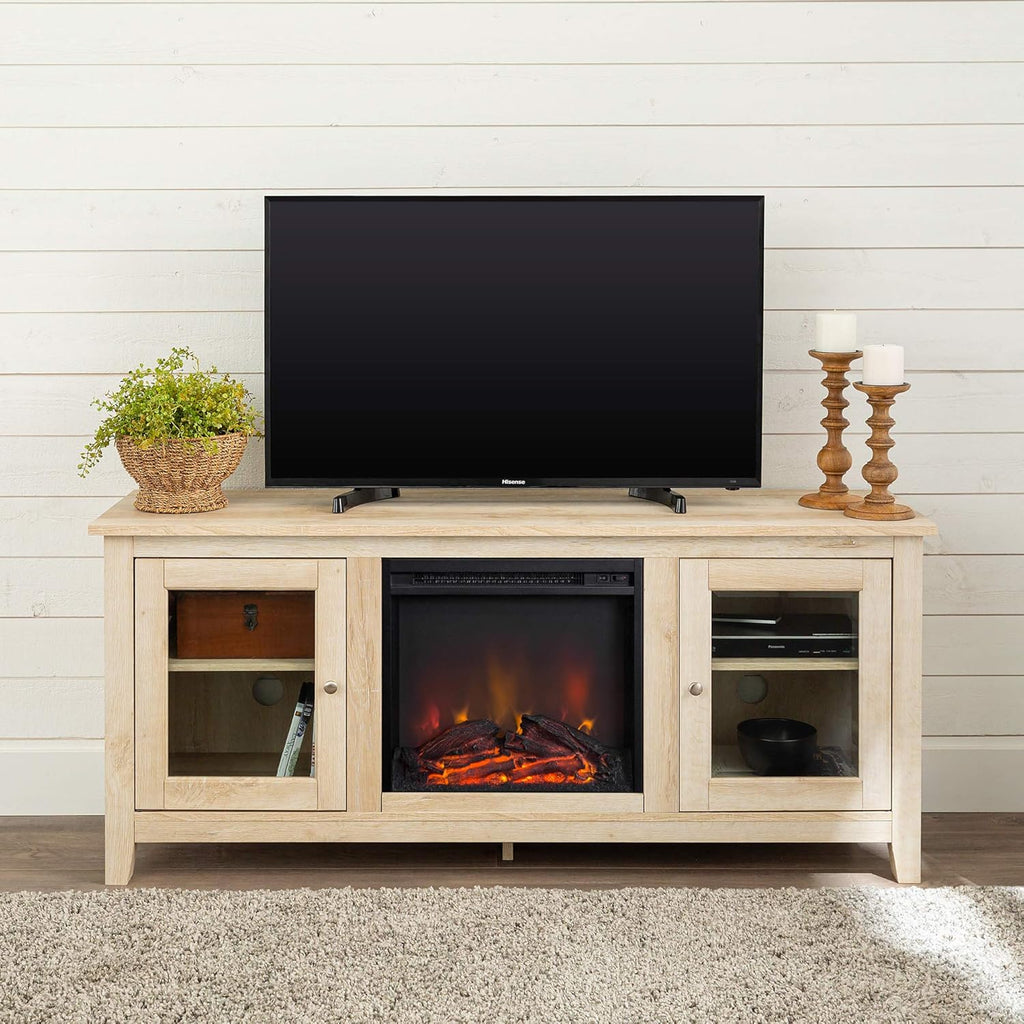 Black 58 Inch Wood and Glass Fireplace TV Stand O48534