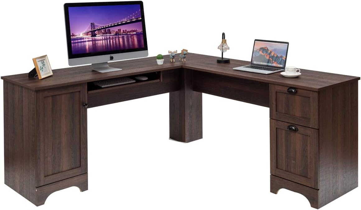 L Shaped Corner Computer Desk with Storage Drawers & Cabinet W455154