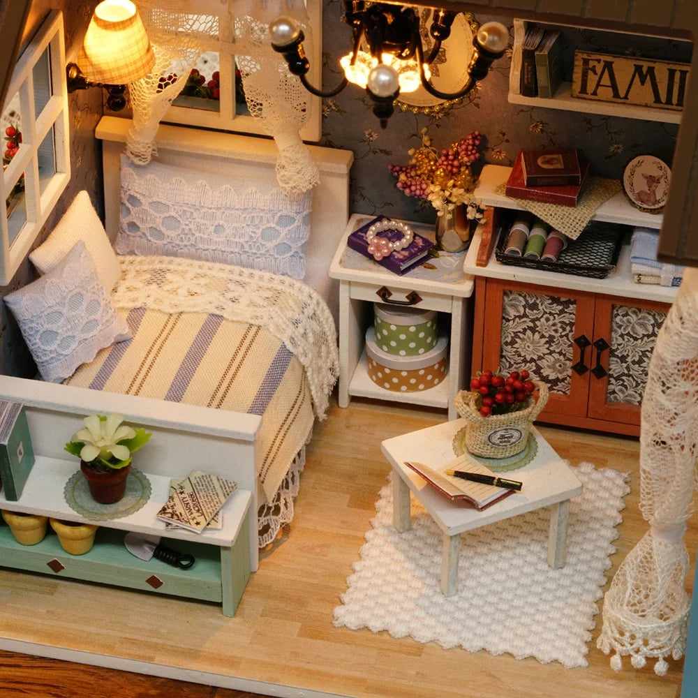 Miniature Dollhouse Kit 3D Wooden House Room Craft with Furniture LED Lights T489406
