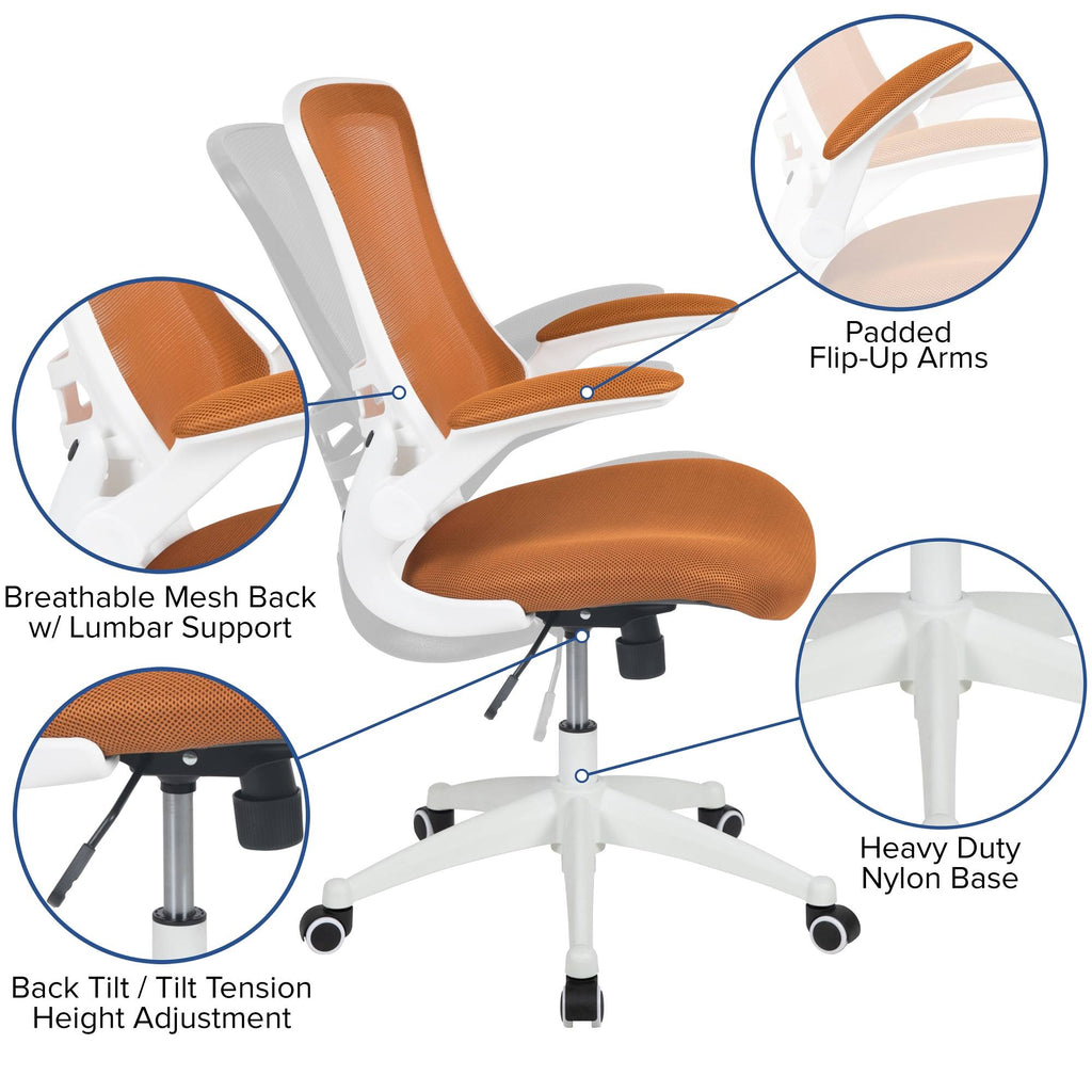 White and Tan Orange Mid-Back Swivel Ergonomic Task Office Chair with Flip-Up Arms V930