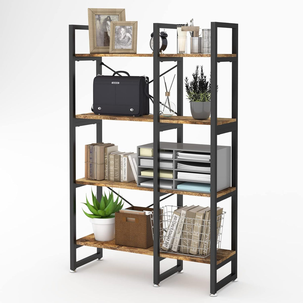 Rustic Brown 4 Tiers Metal Frame Bookshelf L27792