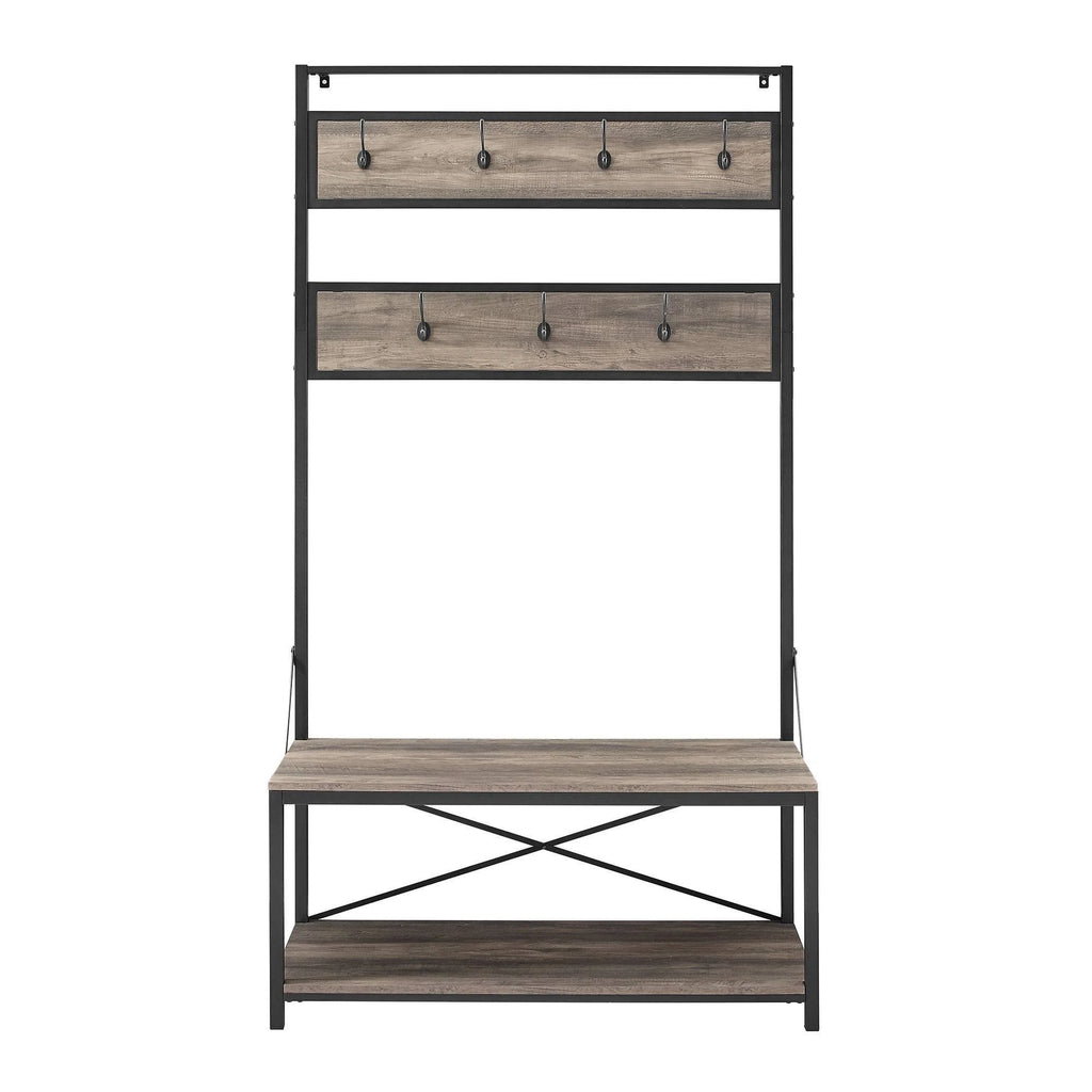 Industrial Metal and Wood Hall Tree Gray Wash E692