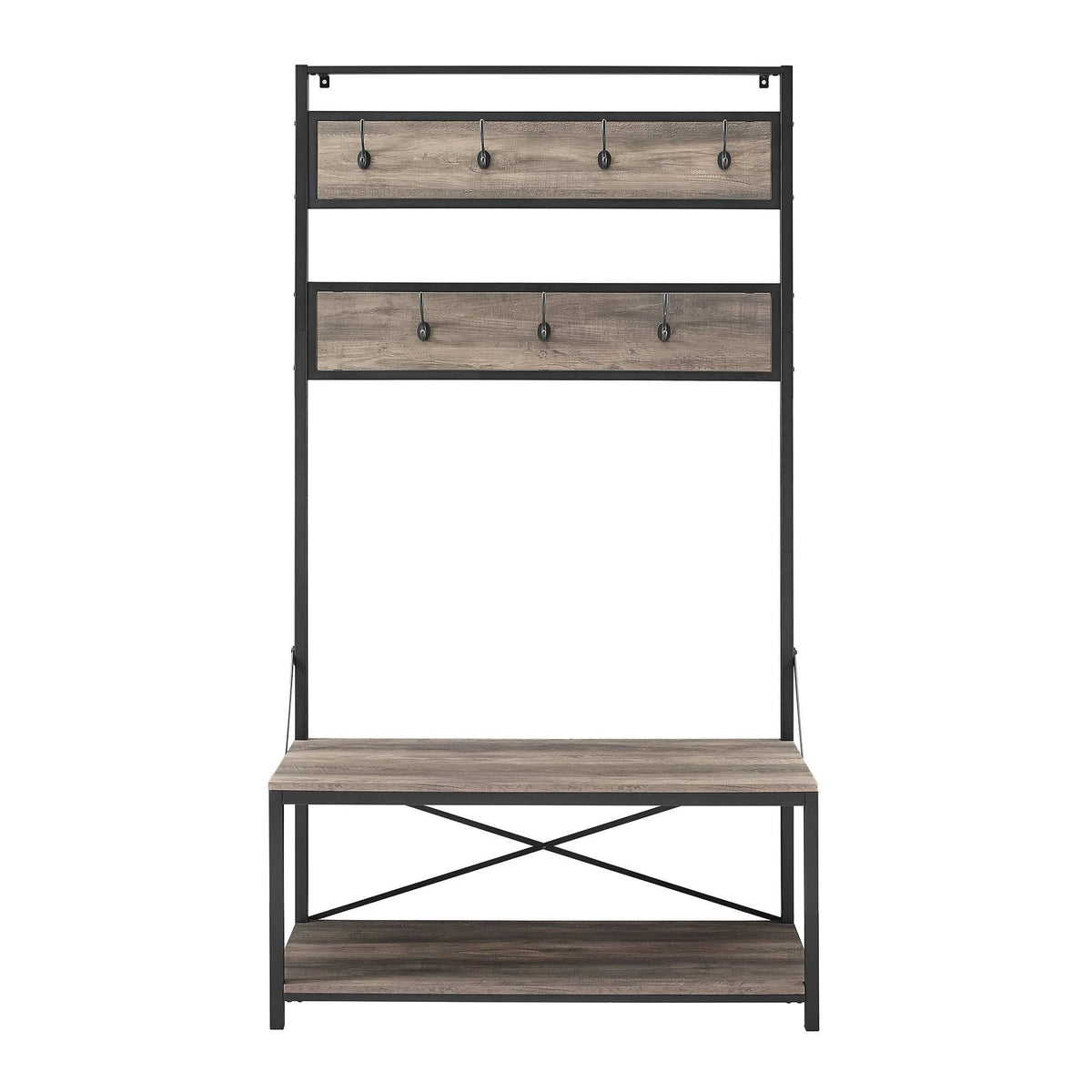 Industrial Metal and Wood Hall Tree Gray Wash E692
