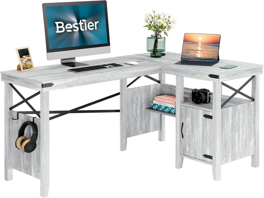 Gray L-Shaped Computer Desk with Storage Cabinet and Bookshelf G65388