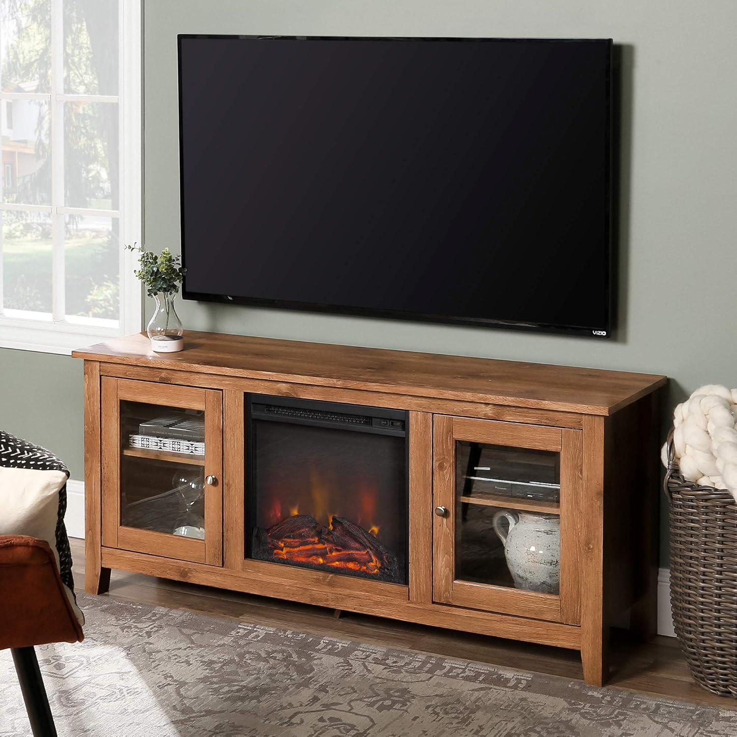 Black 58 Inch Wood and Glass Fireplace TV Stand O48534
