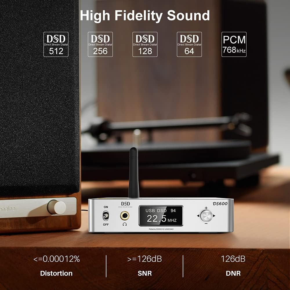 DS600 HiFi Audio DAC Bluetooth 5.0 Receiver LDAC AptX HD, USB DAC, DSD512 32Bit/768Khz, Dual ES9038Q2M XMOS, Headphone Amplifier 3.5mm AUX/RCA Out W7217