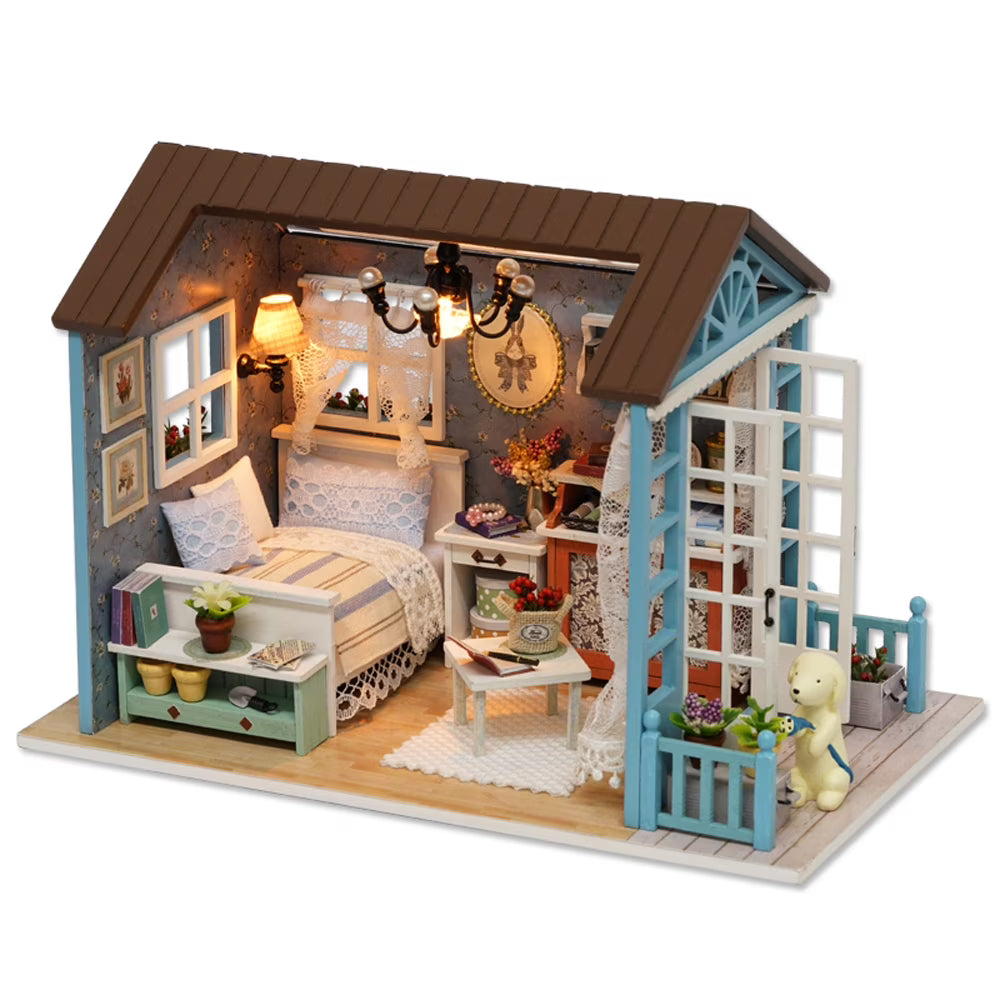 Miniature Dollhouse Kit 3D Wooden House Room Craft with Furniture LED Lights T489406