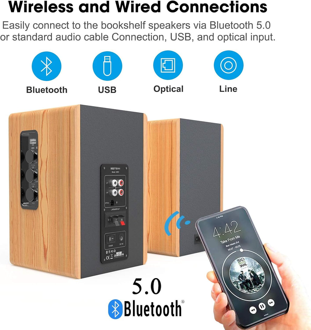 Wood Grain 4 Inch Powered Bluetooth Bookshelf Speakers I288