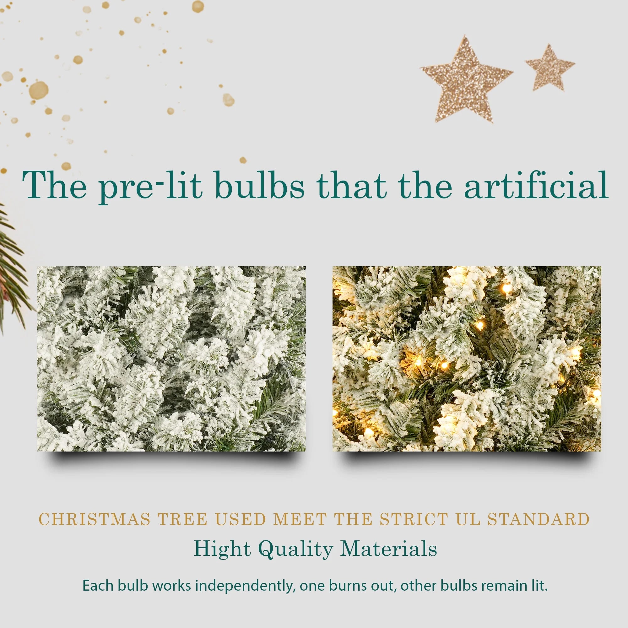 Pre-lit 6FT Hinged Snow Flocked Artificial Christmas Tree with 360 LED Lights and 8 Golden Stars F1813