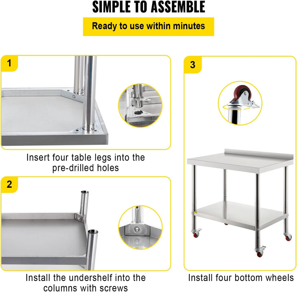 Stainless Steel Prep Table, 30 x 24 x 35 Inch, 440lbs Load Capacity, with Backsplash, Adjustable Undershelf & 4 Casters W399