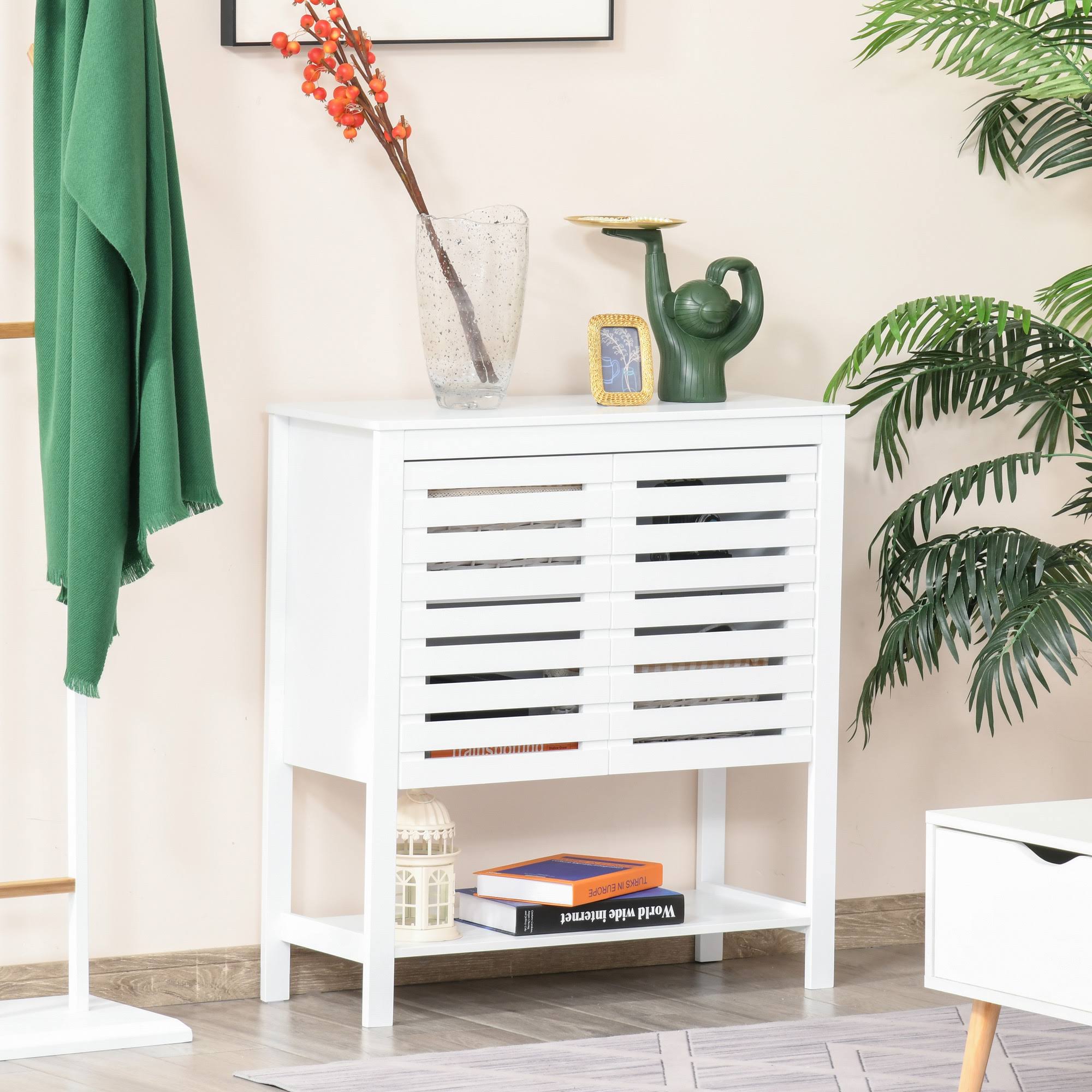 White Media Console Cabinet with Slat Double Doors and Adjustable Shelf F9057