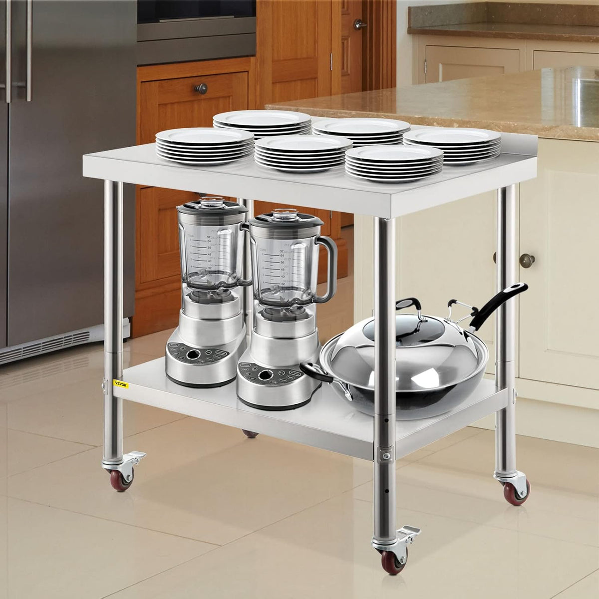 Stainless Steel Prep Table, 30 x 24 x 35 Inch, 440lbs Load Capacity, with Backsplash, Adjustable Undershelf & 4 Casters W399