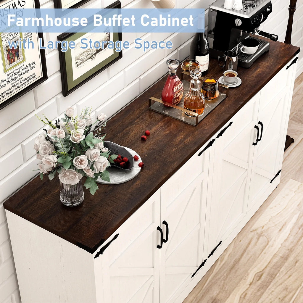 White-Brown 4 Barn Doors Buffet Cabinet with Adjustable Shelves X638