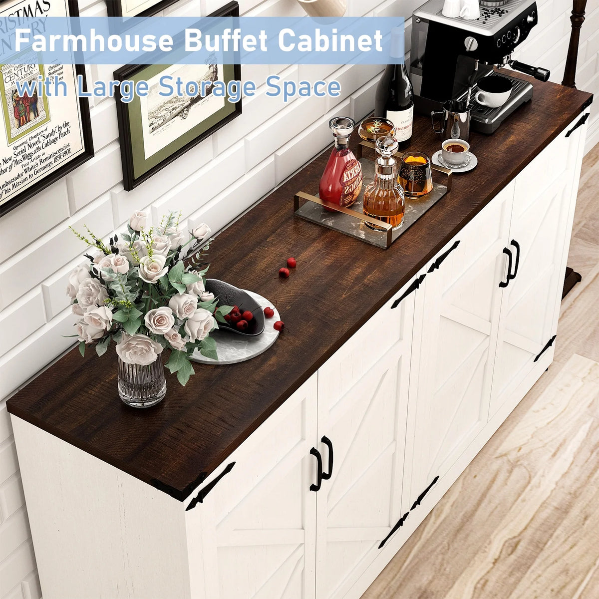 White-Brown 4 Barn Doors Buffet Cabinet with Adjustable Shelves X638