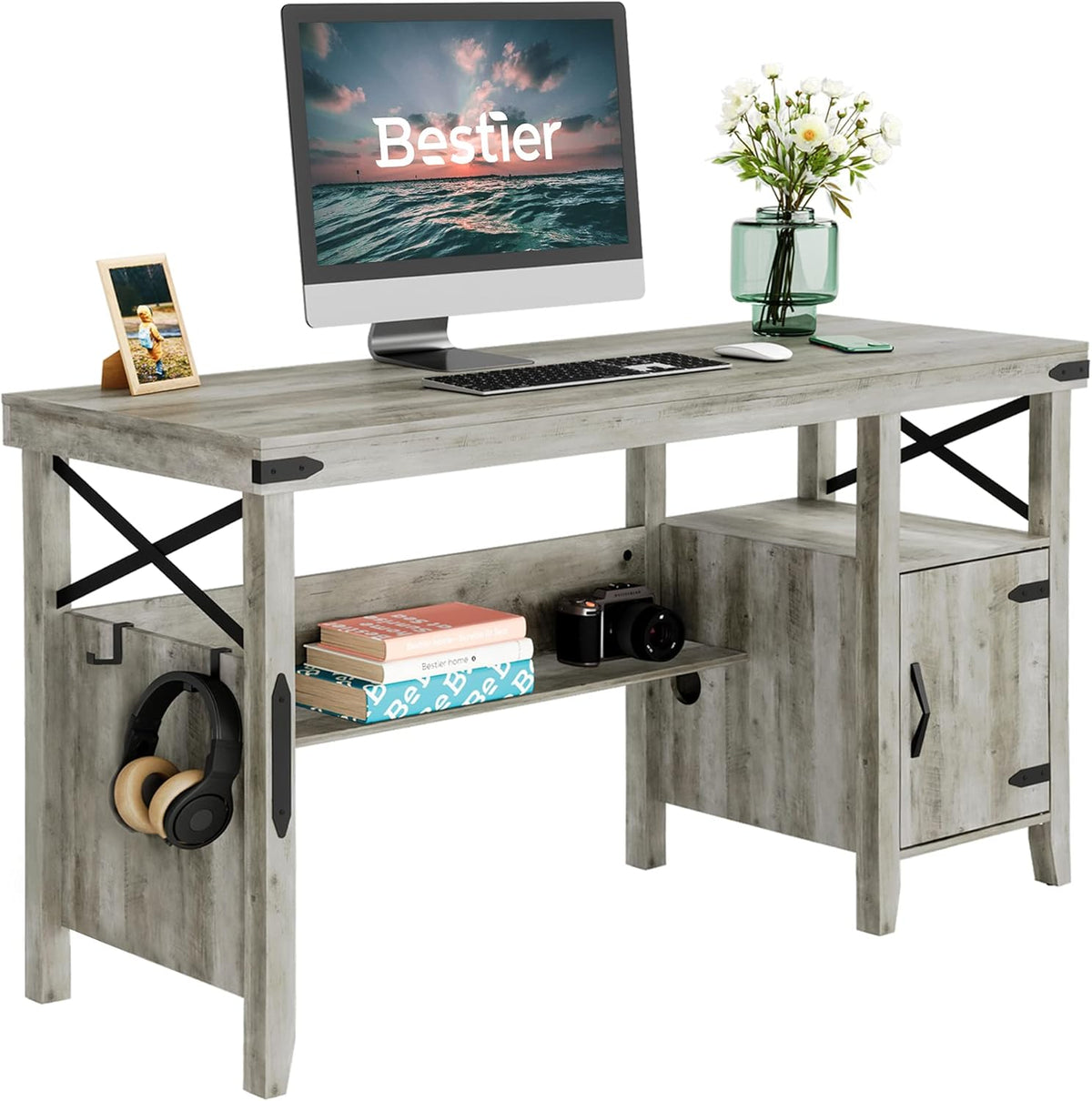 Gray L-Shaped Computer Desk with Storage Cabinet and Bookshelf G65388