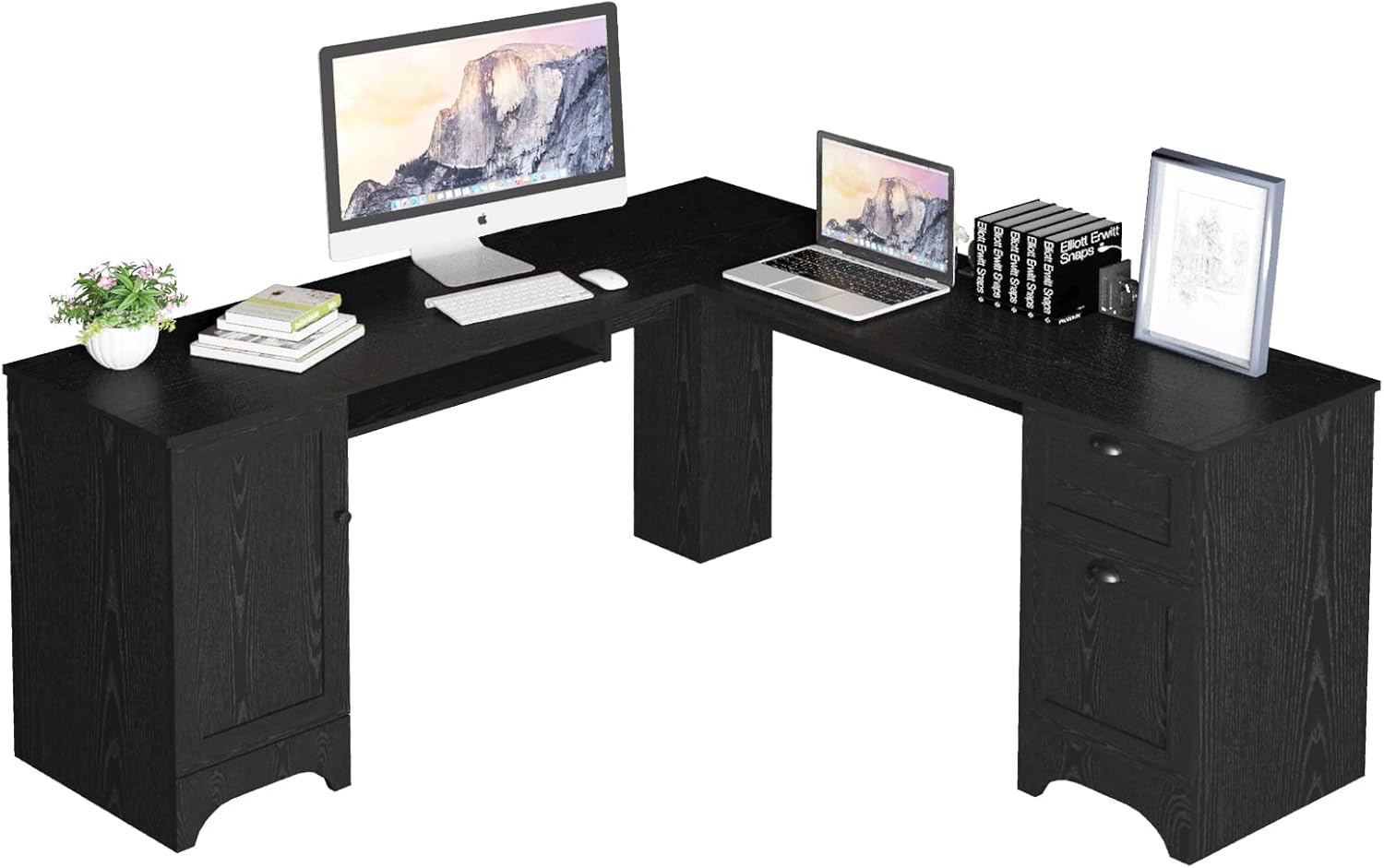 L Shaped Corner Computer Desk with Storage Drawers & Cabinet W455154