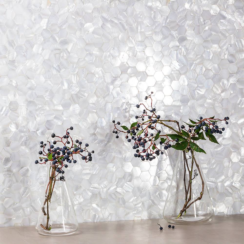 White Hexagons Pearl Shell Mosaic Tile C346446
