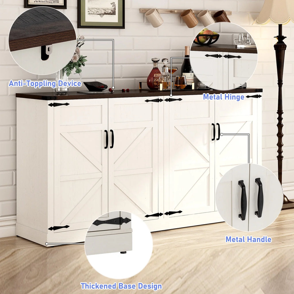 White-Brown 4 Barn Doors Buffet Cabinet with Adjustable Shelves X638