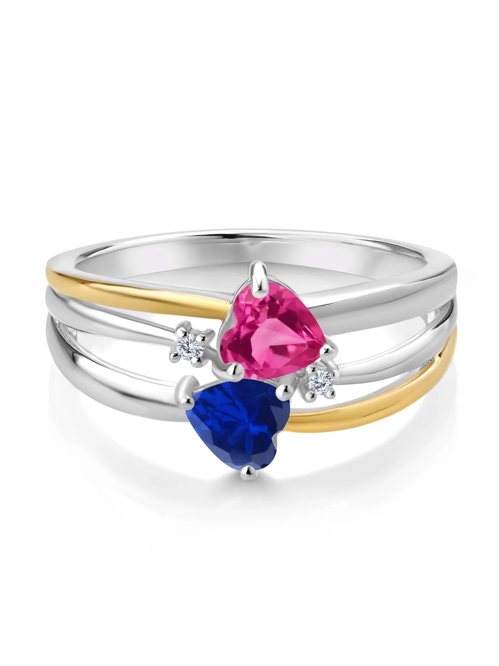 925 Silver 10K Yellow Gold Pink Created Sapphire Blue Created Sapphire White Lab Grown Diamond Band Ring R310698