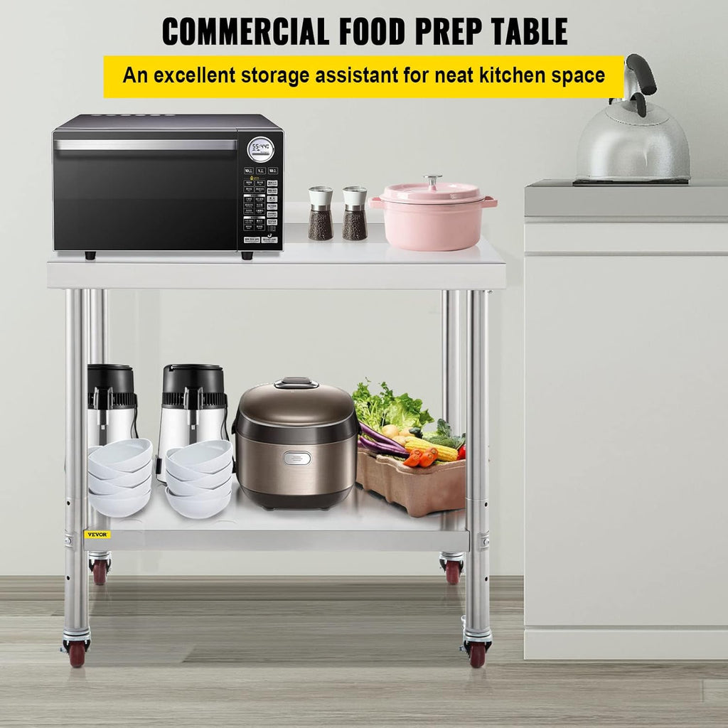 Stainless Steel Prep Table, 30 x 24 x 35 Inch, 440lbs Load Capacity, with Backsplash, Adjustable Undershelf & 4 Casters W399