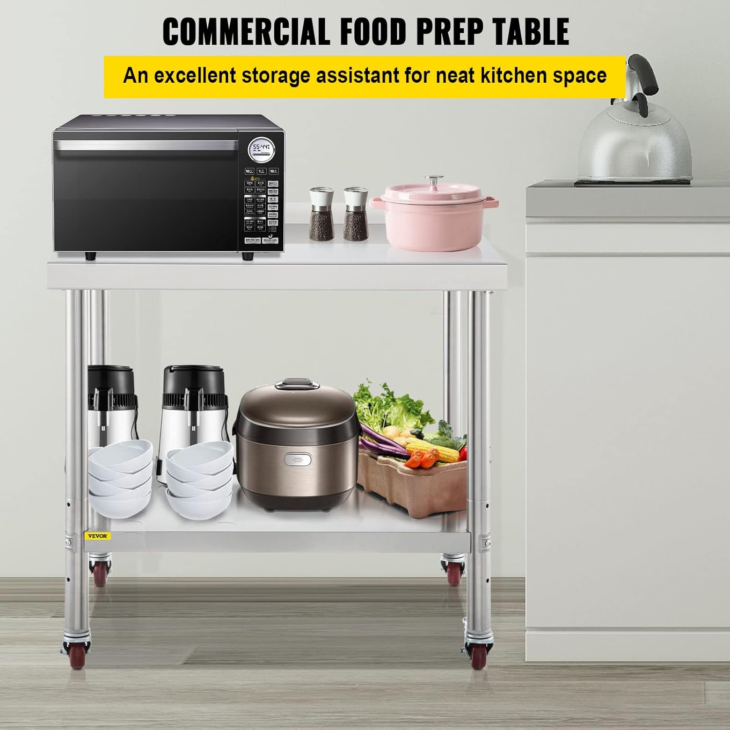 Stainless Steel Prep Table, 30 x 24 x 35 Inch, 440lbs Load Capacity, with Backsplash, Adjustable Undershelf & 4 Casters W399