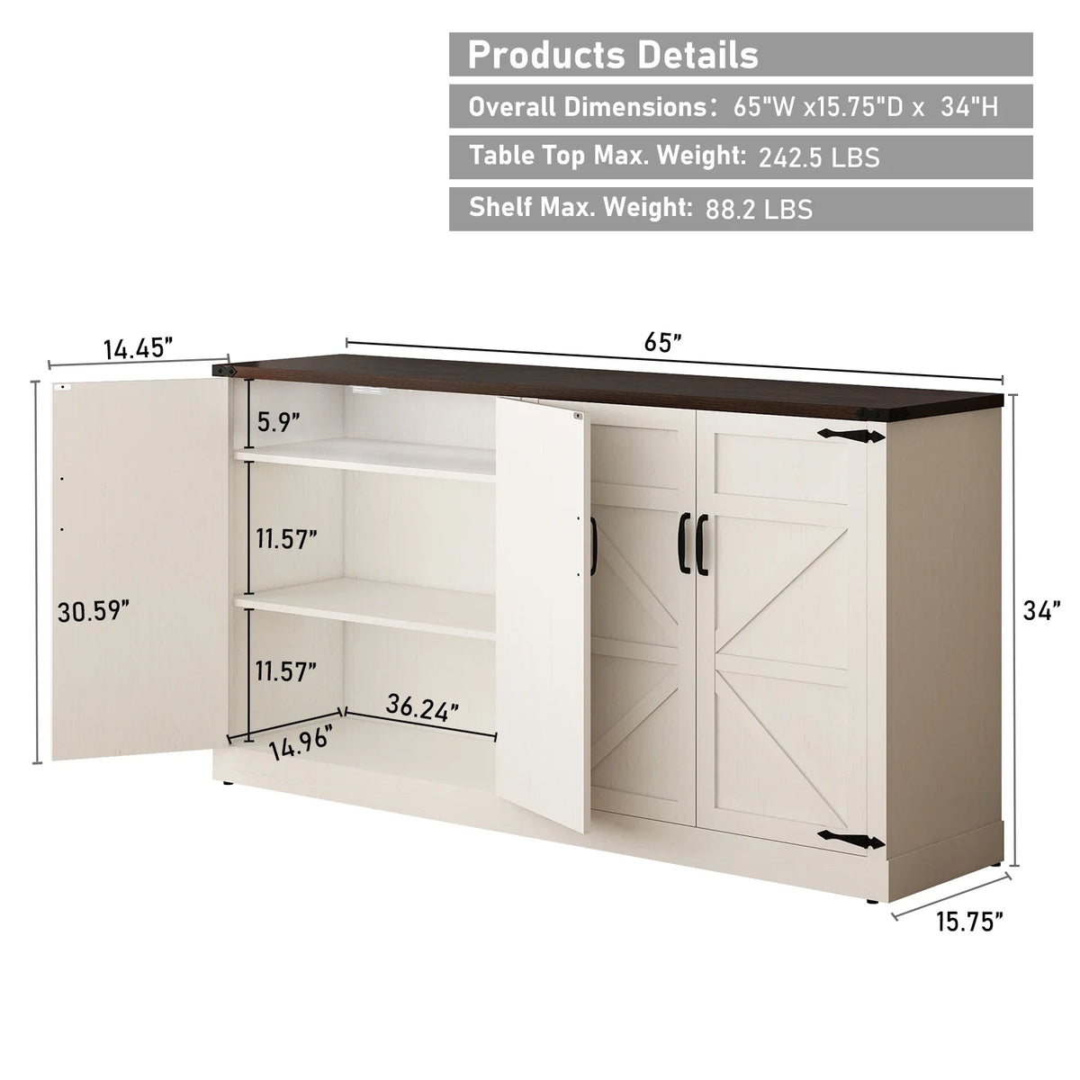 White-Brown 4 Barn Doors Buffet Cabinet with Adjustable Shelves X638
