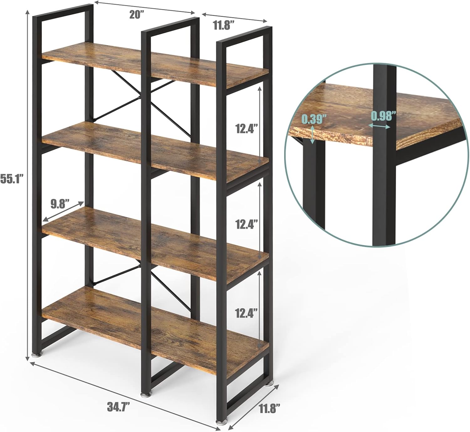 Rustic Brown 4 Tiers Metal Frame Bookshelf L27792