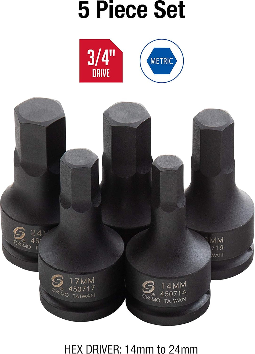 3/4 Inch Drive Impact Hex Driver Set, 5-Piece, Metric, 14mm-24mm, Cr-Mo Steel Q181